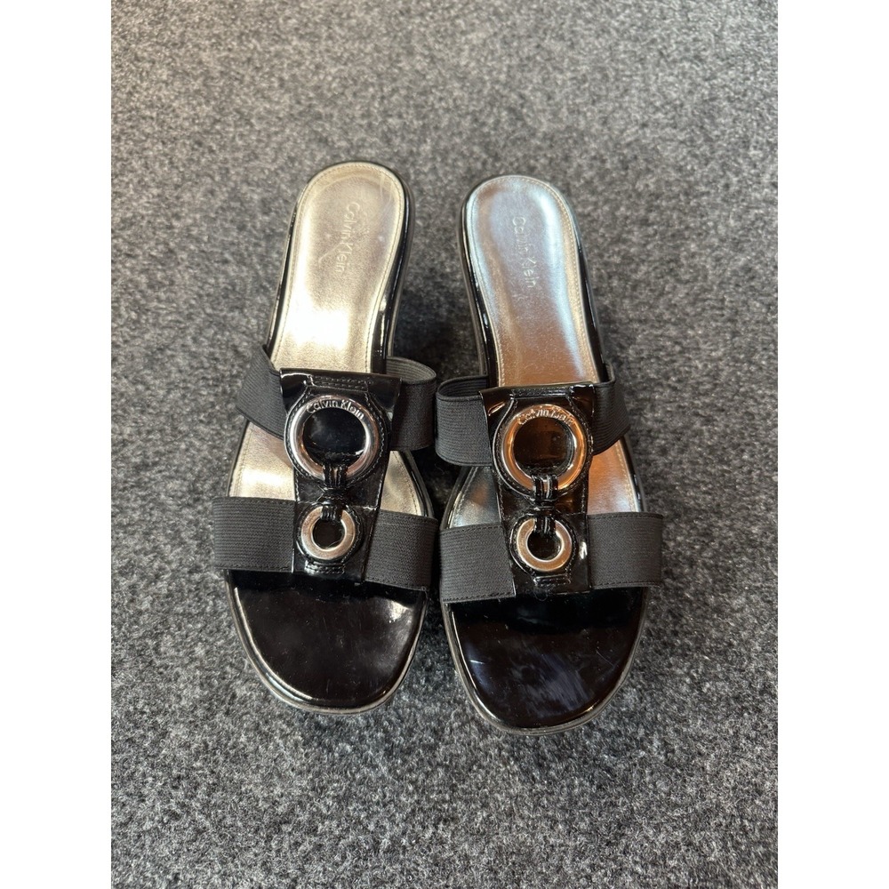 Calvin Klein Yessica Mid Wedge Patent/Elastic Sandal Black Size 8  1/2
